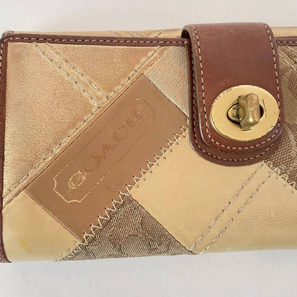 Coach Patchwork Gold Canvas/Leather Logo Turnlock Long Wallet - Picture 11 of 15